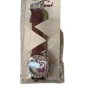 Designed By Toni Floral Watch With Rhinestone Bezel & Brown Leather Strap